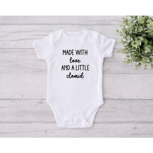 Made With Love and a Little Clomid, Miracle Baby Bodysuit, IVF Baby Announcement, Infertility Pregnancy Announcement, IUI Baby, Clomid Baby