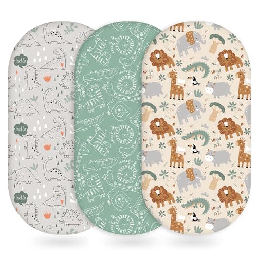 Unnivoll Baby Bassinet Sheets Girl Boy, Fitted Bassinet Sheet Set 3 Pack Bassinet Mattress Sheets Universal Fit for Rectangle, Round, Oval, Hourglass Mattress, Soft Breathable Green & Apricot Lion