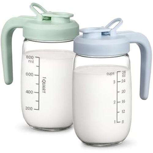2 Pack Breast Milk Pitcher 32 OZ, Heat & Cold Resistant, Sudden Temperature Safe, Fast Baby Formula Maker with Wide Mouth, No Leak Glass Fridge Storage Container for Juice, Cold Brew-Blue, Green