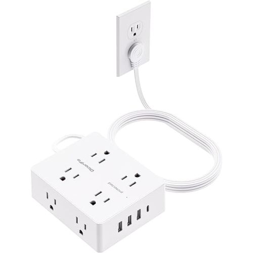 Olcorife Flat Plug Power Strip with 10 FT Extension Cord, 8 Outlets 4 USB Ports(1 USB C), 3 Sided Outlet Extender for Home Office Travel Dorm Room Essentials, White