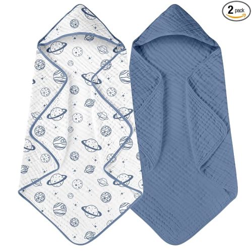 Baby Bath Towels, 100% Muslin Cotton Hooded Baby Towels for Newborn, 2 Pack Baby Towels with Hood for Infant Toddler and Kids, Large 32x32Inch Bath Essentials, Soft and Absorbent Blue Planet