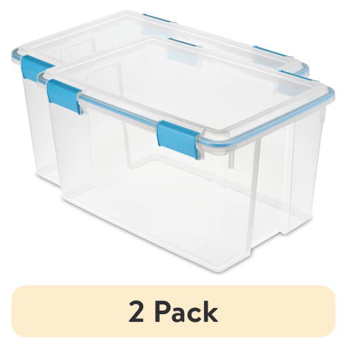 (2 pack) Sterilite 54 Quart Gasket Box, Weather Resistant Clear Storage Bin with Latch Lid, Blue