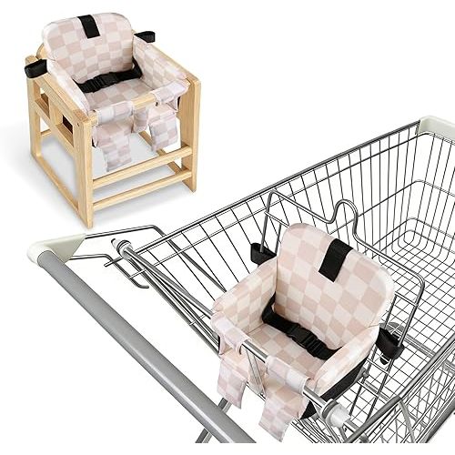 Portable Baby Shopping Cart Seat, High Chair Cover for Outdoor, One-Hand Installation Cart Seat Cover, Comfortable and Supportive Foam-Padded, Grocery Cart Baby Seat – Pink Checkered