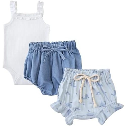 Baby Girls 3-Piece Set Ruffle Onesie, Denim Bloomer & Dolphin Print Shorts Summer Outfits for 3-18M