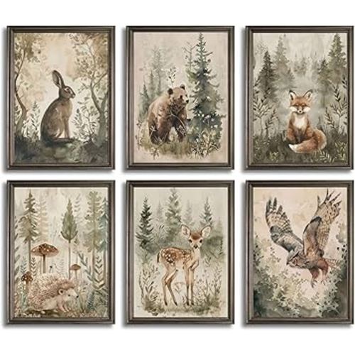 6 Pcs Woodland Nursery Canvas Wall Art Neutral Vintage Cottagecore Forest Safari Animals Natural Landscape Watercolor Painting Picture Wall Decor Poster Print Artwork for Baby Kids Room Unframed