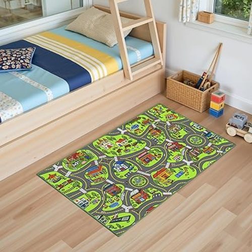 Upgrade Ultra Non Slip Kids Car Rug, Kids Road Playmat Rug for Toy Cars, Educational Town City Map Carpet for Boys Playroom Bedroom, Safer Car Track Play Mat for Children Baby Toddler, 40"x24"