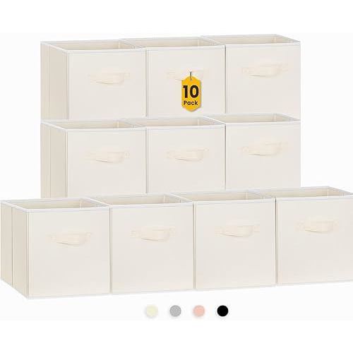 Criusia Storage Cubes, 11 Inch Clothes Storage Bins with Dual Handles (10 Pack), Fabric Collapsible Storage Bins for Shelves Closet, Cubby Organizer Bins for Clothing Toys Blanket Yarns (Beige)