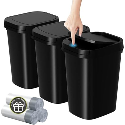 3 Pack Bathroom Small Trash Can with Lid, 2.6 Gallon Slim Garbage Bin with Pop-Up Lid, 10L Plastic Wastebasket for Bedroom, Office, Kitchen, Toilet (Matte Black)