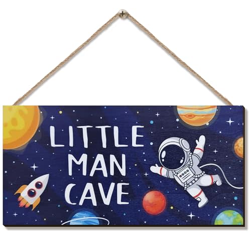 ZIEYOMI- Little Man Cave Sign Space Boys Room Decor, Astronaut Theme Bedroom Nursery Decor Hanging Wall Art, Wooden Plaque Outer Space Decorations for Toddler Boys Room Kids Playroom