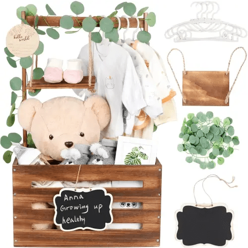 Wooden Baby Shower Crate Closet with Handle and Garland, Large Capacity Baby Baskets for Baby Shower, Easy Assembly Baby Shower Basket for Welcome Newborn Parents Party (Dark Walnut)