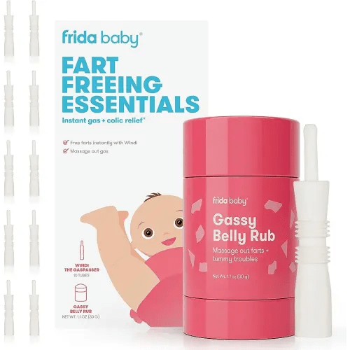 Frida Baby Fart Freeing Essentials | Includes Windi and Gassy Belly Rub for Safe, Natural, and Instant Gas and Colic Relief for Infants and Babies