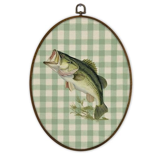 Gnmduw Bass Fish Checkered Oval Wall Art Framed, Vintage Boys Nursery Canvas Prints Hanging Decoration, Hunting Fishing Nursery Wall Decor for Kids Room, Fish Room Decor for Boys, 8.7x11.3 Inch