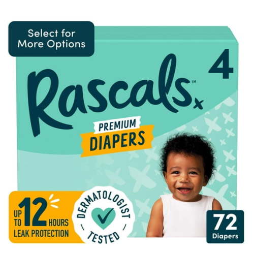Rascals Premium Absorbent Baby Diapers Size 4, 72 Count, with 5 Sensitive Infant Wipes
