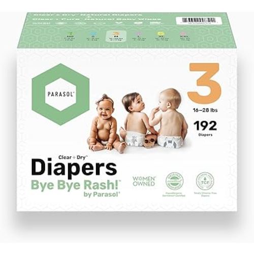 Parasol Clear+Dry Disposable Diapers and Clear+Pure Wipes, RashShield Protection, Size 3 (16-28 lbs), Diaper Bundle of 192 Diapers & 240 Wipes