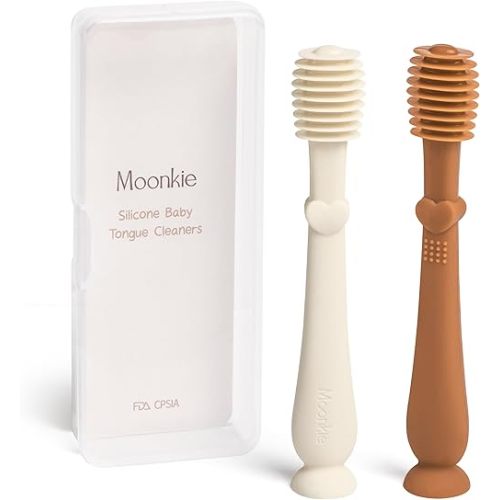 Moonkie Baby Tongue Cleaner, Toddler Toothbrush, Baby Oral Cleaner Newborn Kit for 3 Months+, 2 Pcs (Clay/Ivory)
