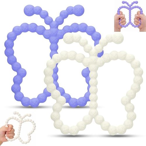 2 Pcs Baby Teething Toys Silicone Butterfly Teething Rings Over 3 Months - Baby Essentials Sensory Chew Toys -Baby Teether for Teething Relief -BPA Free Infant Toys Baby Shower Gifts (2, White,Purple)