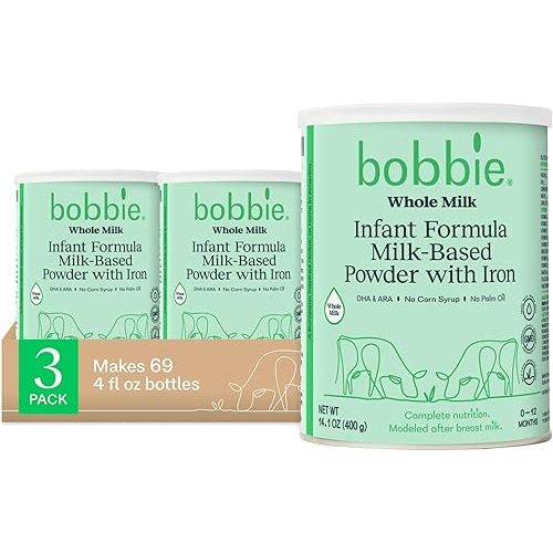 Bobbie Whole Milk, Grass Fed Baby Formula with Iron, Plant Based DHA and ARA, Vitamin D and Protein Blend Modeled After Breast Milk, For Newborn Baby to 12 Month Old, 14.1 oz, 3 Pack