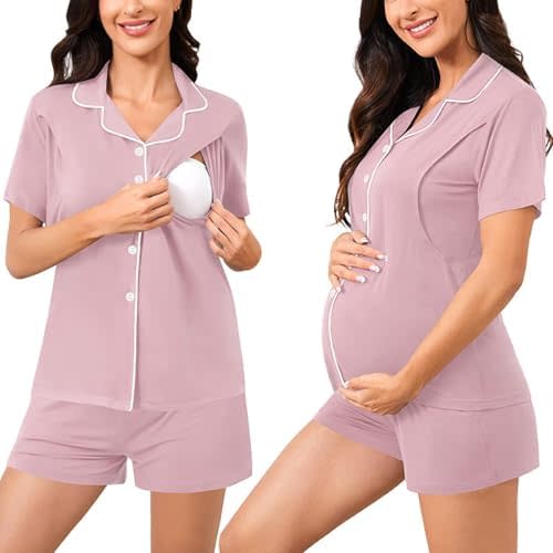 SWOMOG Womens Maternity Nursing Pajama Sets Breastfeeding Sleepwear Postpartum Lounge Sets Double Layer Short Sleeve Pjs
