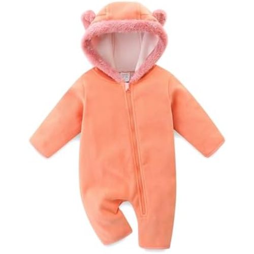 Baby Jumpsuit with Cute Bear Hoodie Warm Fleece Lined Newborn Snowsuit Rompers for Fall Winter 0-18 Month