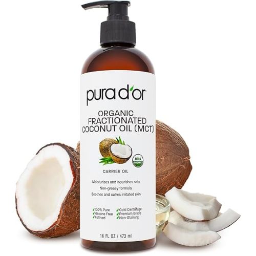 PURA D'OR 16 Oz ORGANIC Fractionated Coconut Oil - MCT Oil - 100% Pure & Natural USDA Certified Cold Pressed Carrier Oil - Unscented, Hexane Free Moisturizer For Face, Skin & Hair Tonic - Men & Women