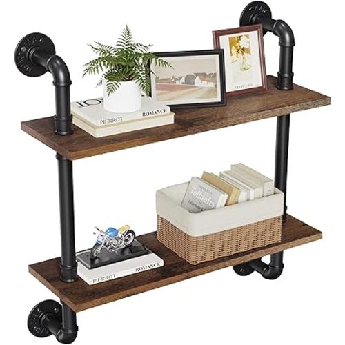 Merapi 24" Industrial Floating Shelves, Pipe Shelves for Wall, 2 Tier Rustic Wood Wall Shelves for Home Décor, Bedroom, Living Room, Bathroom
