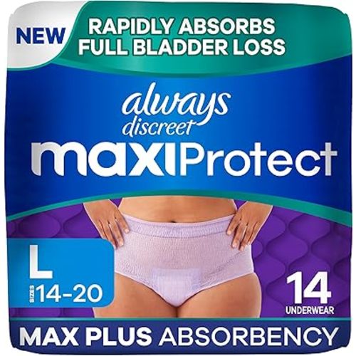 Always Discreet MaxiProtect Adult Diapers for Women, Incontinence Underwear, Postpartum Essentials, Bladder Leak Protection, Disposable Briefs, Maximum Plus Absorbency, Size L, 14 Count