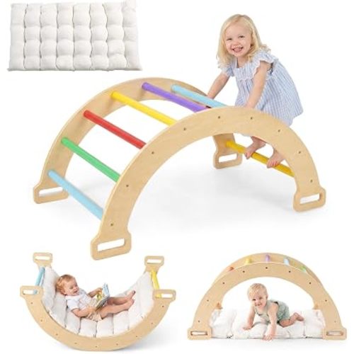 INFANS Wooden Arch Climber Rocker with Soft Cushion, 4 in 1 Montessori Climbing Ladder Toys for Toddlers, Waldorf Indoor Baby Children Ladder Gym Learning Playset Gift for Kids Boys Girls
