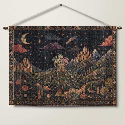 Woven Dragon Castle Tapestry: Vintage Fantasy Nursery Wall Hanging