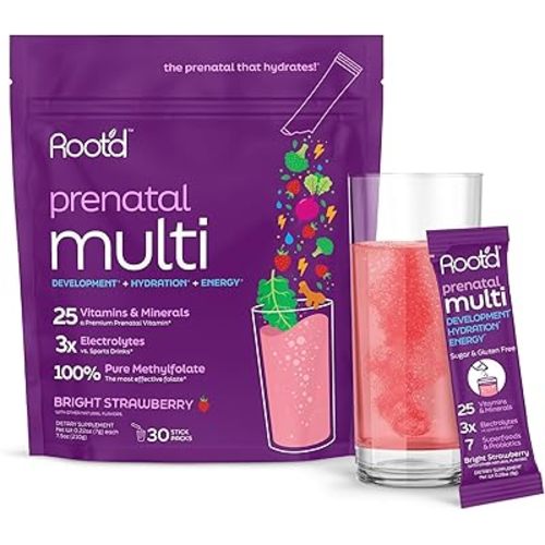 Root'd Prenatal Multivitamin Powder - 25 Vitamins & Minerals with 3x Electrolytes, Folate, Iron, D3 for Mom & Baby, 7 Superfood & Probiotics, Sugar-Free Vitamins & Hydration | 30 Vitamin Drink Packets