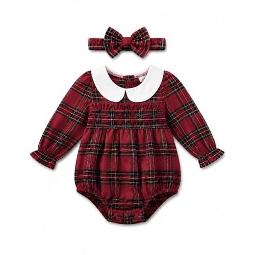 Renotemy Baby Girl Clothes Fall Winter Outfits Smocked Romper Preemie-18M | Newborn Baby Girl Outfit Gifts, Smocked Bubble Romper, Peter Pan Collar Jumpsuit with Headband, Long Sleeve Infant Clothes