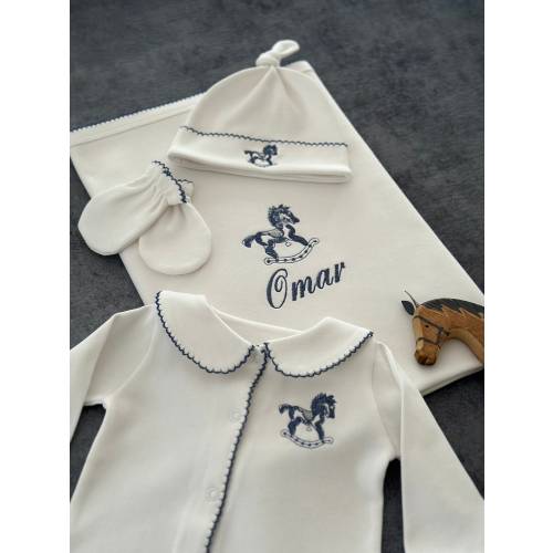 Carousel Horse Navy Blue 4 Piece Newborn Set | Organic GOTS Certified Fabric | Monogrammed Onesies | Baby Coming Home Outfit | Baby Boy Gift