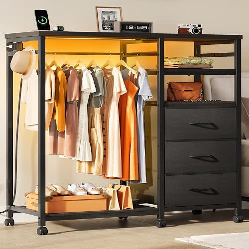 WLIVE LED Dresser for Bedroom, 3 Drawers with Hanging Rack, Black