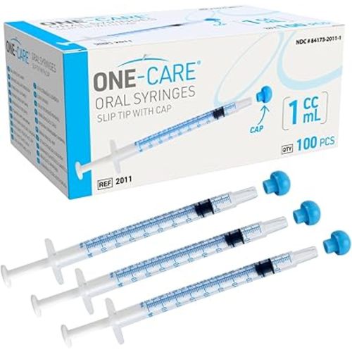 ONE-CARE 1ml Oral Syringe with Cap - Sterile, Individually Wrapped - 100 Dispensers, Slip Tip, Uses include oral administration of medicine for infants, adults and animals
