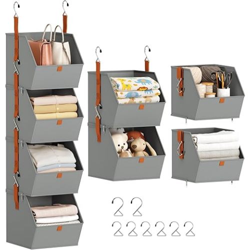 Homsorout Hanging Closet Organizer 4 Tier - Clothes Hanging Shelves, Space-Saving Closet System, Fabric Storage Bins Bedroom Organization, Collapsible Baskets for Home, Dorm, Rv, Grey