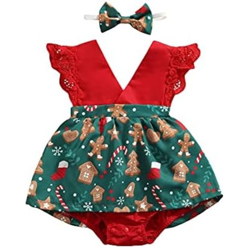 Newborn Baby Girl Christmas Romper Dress Lace Sleeveless Tutu Bodysuit Xmas Outfit + Headband My First Christmas Clothes