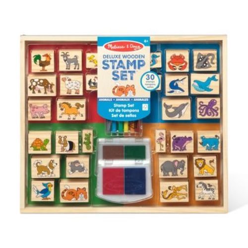 Melissa & Doug Deluxe Wooden Stamp Set: Animals - 30 Stamps, 6 Markers, 2 Stamp Pads