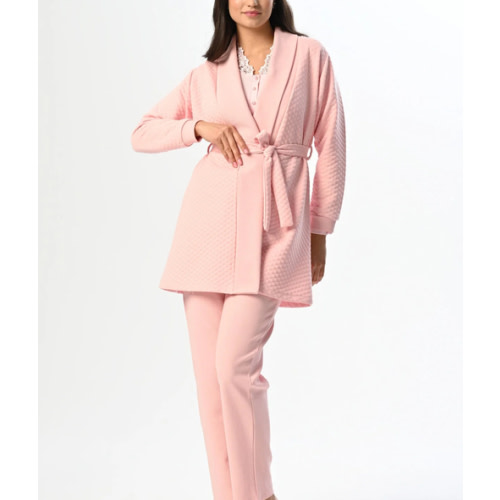Flower Lace Collar 3-Piece Maternity-Nursing Pajama & Robe Set - 24350