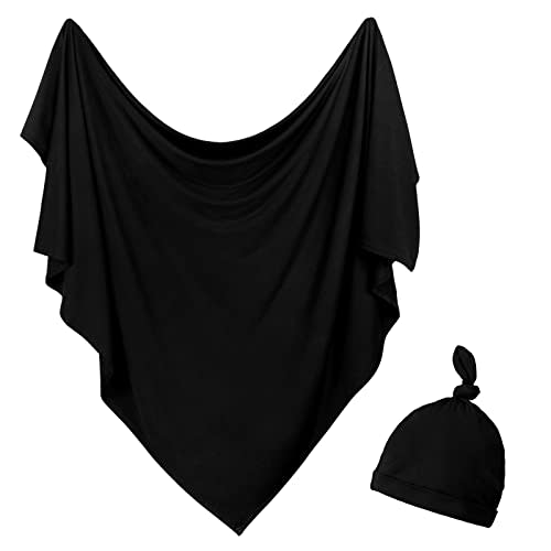 Aijoviko Newborn Swaddle Blanket with Hat Set Baby Swaddle Set Hospital Receiving Blankets for Girls Boys(Black)