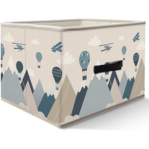 Nogrit Sky Adventure Storage Bins Box, Toybox for Boys, Blue Aircraft Hot Air Balloon Foldable Baskets Organizer Container with Handles for Kids Boys Bedroom Bathroom Clothes Toys Books
