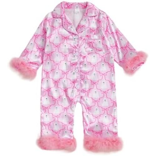 Baby Girl Satin Pajamas Bow Print Silk Romper Pjs Long Sleeve Feather Trim Button Down One-Piece Sleepwear Jumpsuit