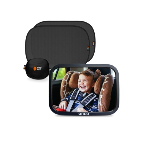 Onco Baby Car Mirror & Car Window Shades Bundle (18.9″ × 12″) - UPF 50+ Window Shade, 100% Shatter-Proof Car Mirror for Baby, Universal Shades & Mirror