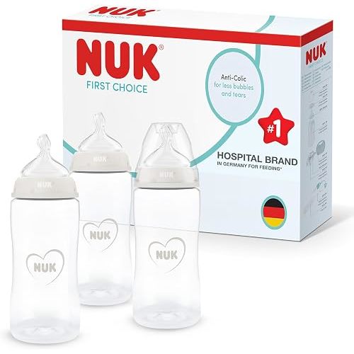 NUK First Choice Baby Bottles, 3+ Months, 300ml, Anti Colic Feeding Bottle, Temperature Control Indicator, Neutral, 3 Count