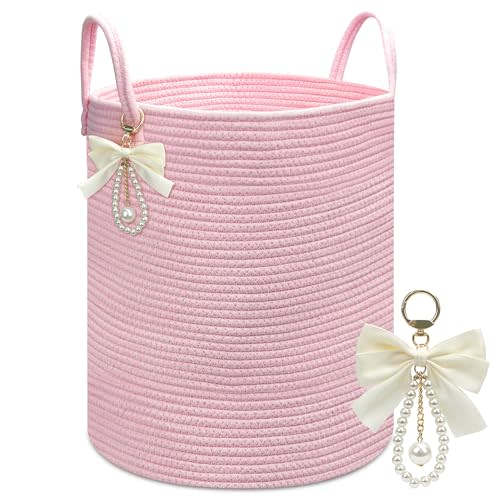Laundry Hamper Pink, all Cotton Rope Laundry Basket Blanket and Toy Storage Basket for Living Room, Bedroom, Bathroom, Nursery Pink