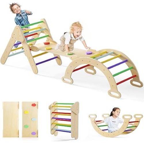 Olakids Pikler Triangle Set 7 in 1 Climbing Toys for Toddlers 1-3 Inside Foldable Wood Montessori Jungle Gym with Ramp Ladder Arch Slide Baby Climber Indoor Playground