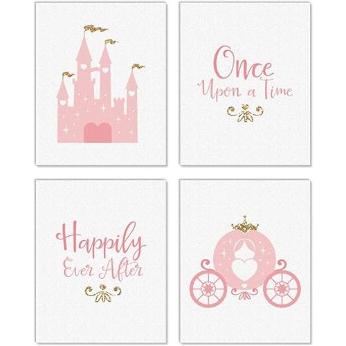 Big Dot of Happiness Little Princess Crown - Unframed Pink and Gold Castle Nursery and Kids Room Linen Paper Wall Art - Set of 4 - Artisms - 8 x 10 inches
