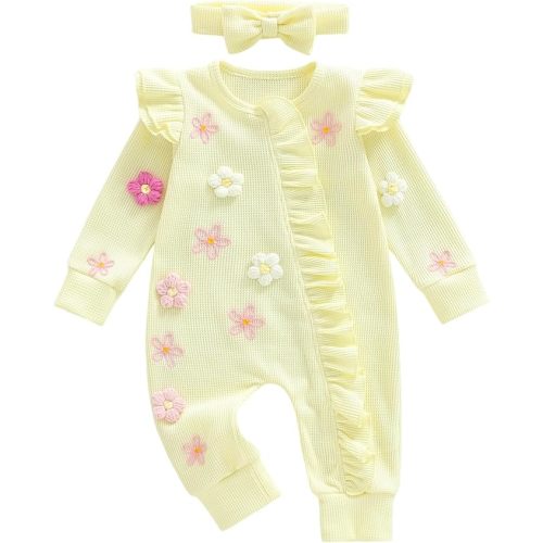 Newborn Baby Girl Clothes Coming Home Outfit Floral Ruffle Romper Waffle Knit Zipper Onesie Jumpsuit Fall Winter
