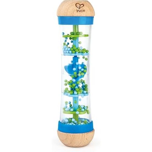 Hape Beaded Raindrops | Mini Wooden Musical Shake & Rattle Rainmaker Toy, Blue, Model Number: E0328B