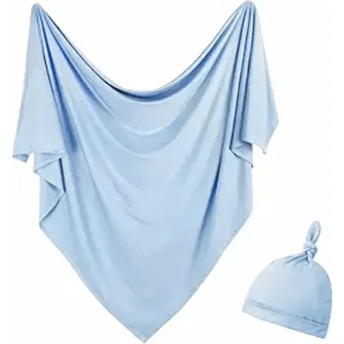 Newborn Swaddle Blanket with Hat Set Baby Swaddle Set Hospital Receiving Blankets for Girls Boys(Babyblue)