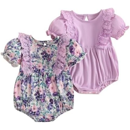 Baby Girl Vintage Romper 2 Pack Short Sleeve Floral Bubble Bodysuit Newborn Summer Clothes