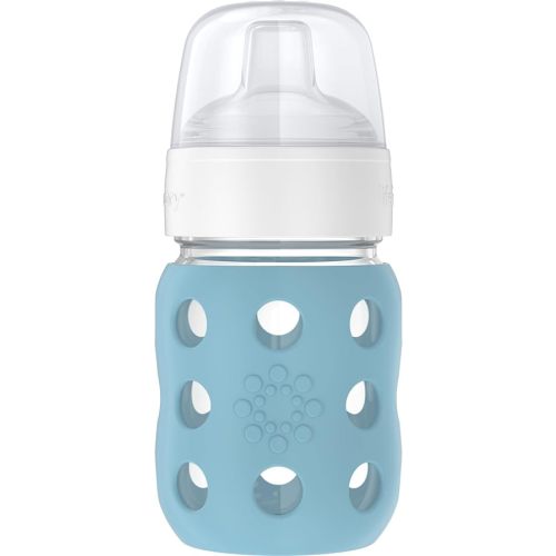 Lifefactory 8-Ounce Wide Neck Glass Baby Bottle with Protective Silicone Sleeve and Sippy Spout, Denim (LG2251WDE4)